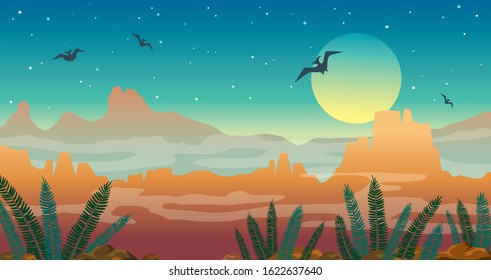 Prehistoric landscape with dinosaurs. Green ferns, mountains and silhouette of pterodactyls on a night blue sky with full moon. Vector illustration with extinct animals.