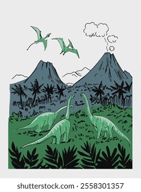 Prehistoric landscape with dinosaurs, illustration, realistic sketch, hand drawn vector