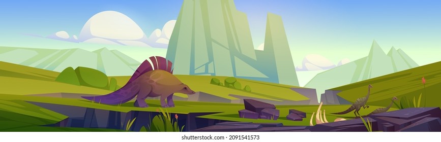 Prehistoric landscape with dinosaurs, mountains, green grass and cracks in ground after earthquake. Summer scene with ancient reptiles in jurassic or cretaceous time, vector cartoon illustration