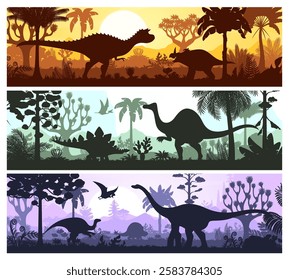 Prehistoric landscape with dinosaurs silhouettes. Horizontal banners set of jurassic dino animals on vector background of jungle forest, mountains and sunset sky. Extinct dinosaur reptiles silhouettes