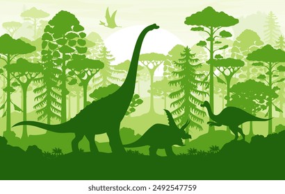 Prehistoric landscape, dinosaurs silhouettes in tropical jungle forest. Vector shadow scene of Jurassic era with dino animals and ancient flora with trees and ferns under a sunset sun in green colors