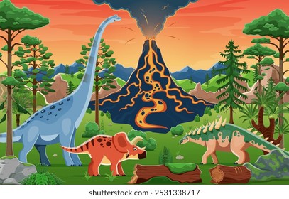 Paisagem pré-histórica com dinossauros e vulcão no parque florestal Jurássico, fundo vetorial. Dinossauros de desenhos animados e lagartos de dino engraçados pré-históricos na selva pré-histórica com erupção de lava vulcânica