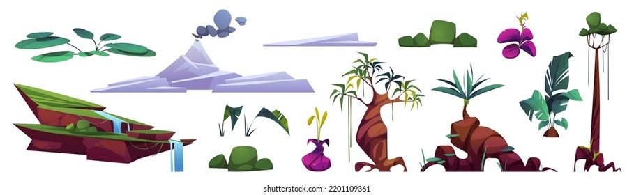 Elementos del paisaje prehistórico, constructores de dibujos animados con plantas tropicales, volcán al vapor, palmeras, viñas, cascada y rocas aisladas en fondo blanco. Vector de época Jurásica