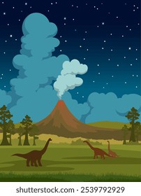 Prehistoric landscape with forest, erupting volcano, smoke clouds, trees and dark night sky with stars. Cartoon vector illustration with silhouette of dinosaurs on the Jurassic period. 