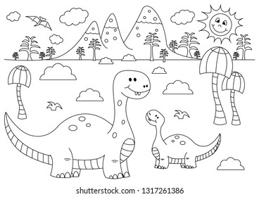 Prehistoric landscape with funny cartoon dinosaurs - Brontosaurus. Black and white vector illustration for coloring book