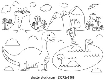 Prehistoric landscape with funny cartoon dinosaurs. Brontosaurus in the water. Black and white vector illustration for coloring book