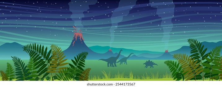 Paisagem pré-histórica com samambaia verde, vulcões em erupção, silhueta de dinossauros e céu noturno com estrelas. Ilustração vetorial de desenhos animados com silhueta de dino no período Jurássico.