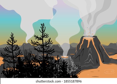 Paisaje prehistórico con flora jurásica y erupción volcánica, lava y cielo humeante. Fondo vectorial con montañas y volcanes al estilo de las caricaturas planas.