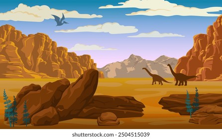 Prehistoric landscape with mountains, desert and silhouette of dinosaurs. Vector Illustration.