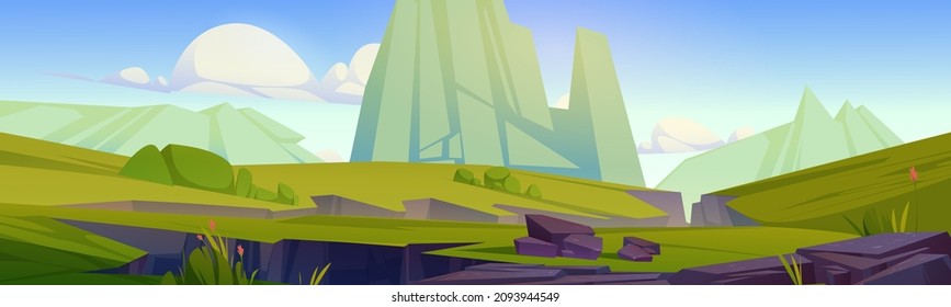 Prehistoric landscape with mountains, green grass and cracks in ground after earthquake. Summer scene with rocks and plants in jurassic or cretaceous time, vector cartoon illustration