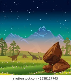 Paisaje prehistórico con montañas, cielo estrellado, roca y silueta de dinosaurios extintos. Vector noche naturaleza ilustración.
