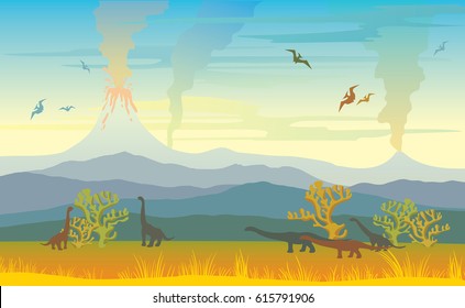 Prehistoric landscape with silhouette of dinos, mountains and volcano with lava, meadow and yellow grass on a smoked sky. Vector illustration with extinct animal