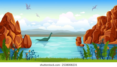 Paisaje prehistórico con silueta de dinosaurios, montañas, lago azul y plantas antiguas. Ilustración vectorial.