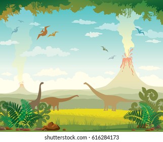 Prehistoric landscape with silhouette of dinosaurs, mountains, volcano with lava and green grass with fern. Vector illustration with extinct animals - pterodactyl and diplodocus.