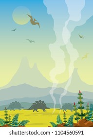 Prehistoric landscape with silhouette of dinosaurs (pterodactyl and brontosurus), volcano, mountains and smoked geyser. Vector illustration of extinct animals. Wild nature.