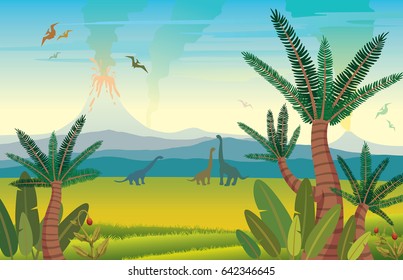 Prehistoric landscape with silhouette of dinosaurs, volcanoes with lava and green grass with plants. Vector illustration with extinct animals - pterodactyl and diplodocus.