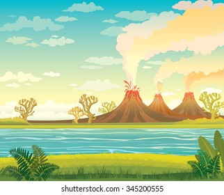 Prehistoric landscape - smoking volcanoes, lake and green grass with fern on a cloudy sky. Vector nature illustration.