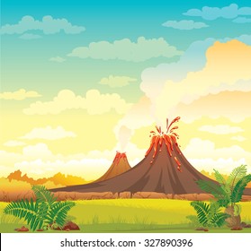 Prehistoric landscape with smoky volcanoes and green grass on a blue cloudy sky. Vector nature illustration.