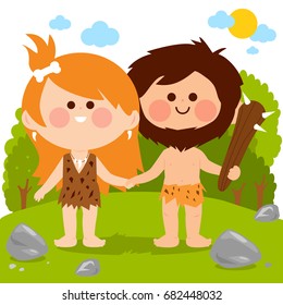 Prehistoric landscape with two cavemen, a man and a woman. Vector illustration