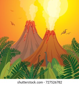 Prehistoric landscape with two smoking volcanoes, green ferns and silhouette of dinosaurs on a sunset sky. Nature vector illustration with extinct creatures.