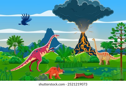 Paisagem pré-histórica com vulcão, dinossauros e montanhas. Vetor de desenhos animados era pré-histórica cena mundial com fumo, vulcão em erupção, espécies de dino na floresta tropical com vegetação natural exuberante