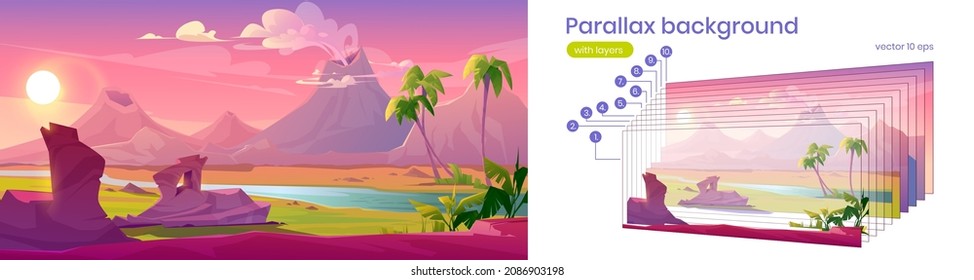 Prehistoric landscape with volcano eruption, river and palm trees. Vector parallax background for 2d animation with cartoon illustration of jurassic nature scene with mountains with smoking crater