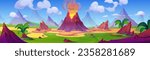 Prehistoric landscape with volcano eruption. Vector cartoon illustration of ancient mountain scenery, lava flowing down slope, cloud of ash rising above volcanic mouth, green tropical plants, blue sky