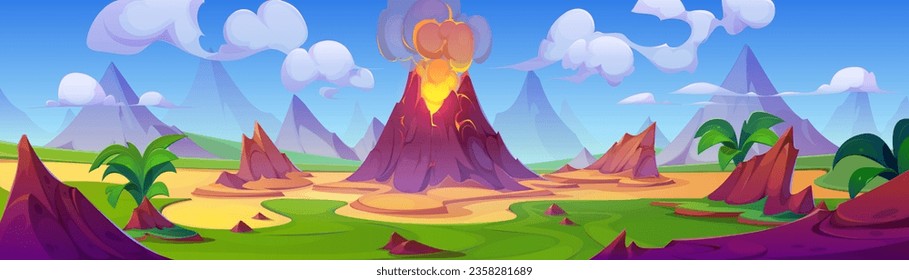 Prehistoric landscape with volcano eruption. Vector cartoon illustration of ancient mountain scenery, lava flowing down slope, cloud of ash rising above volcanic mouth, green tropical plants, blue sky