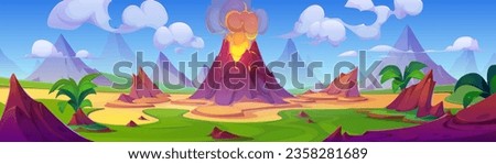 Prehistoric landscape with volcano eruption. Vector cartoon illustration of ancient mountain scenery, lava flowing down slope, cloud of ash rising above volcanic mouth, green tropical plants, blue sky