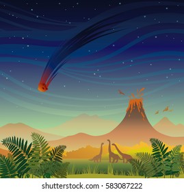 Paisaje prehistórico - volcán con lava, caída de meteorito rojo, dinosaurios y helecho. Ilustración vectorial con cielo nocturno y naturaleza salvaje. 