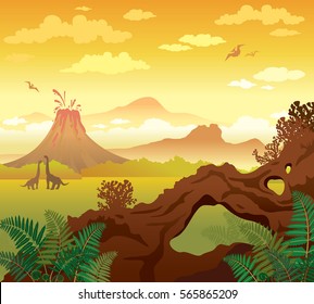 Prehistoric Landscape - Volcano With Lava, Mountains, Dinosaurs And Natural Stone Arch With Fern. Vector Natural Illustration.