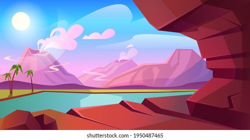 Prehistoric landscape with volcano, mountains, lake and palm trees. Summer scene with rocks, tropical plants and river. Vector cartoon illustration of volcanic eruption in jurassic time