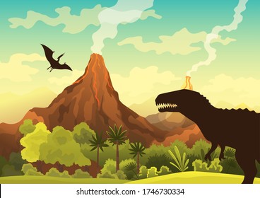 Prehistoric landscape - volcano with smoke