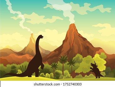 Prehistoric landscape - volcano with smoke