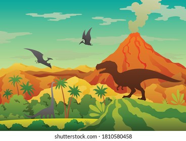 Prehistoric landscape - volcano with smoke, mountains, dinosaurs and green vegetation. Vector illustration of beautiful prehistoric landscape and dinosaurs