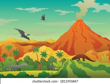 Prehistoric landscape - volcano with smoke, mountains, dinosaurs and green vegetation. Vector illustration of beautiful prehistoric landscape and dinosaurs