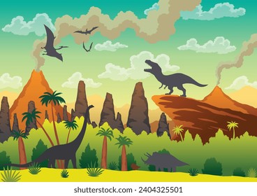 Prehistoric landscape - volcano with smoke, mountains, dinosaurs and green vegetation. Vector illustration of beautiful prehistoric landscape and dinosaurs