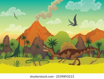 Paisaje prehistórico: volcán con humo, montañas, dinosaurios y vegetación verde. Ilustración vectorial de hermosos paisajes prehistóricos y dinosaurios