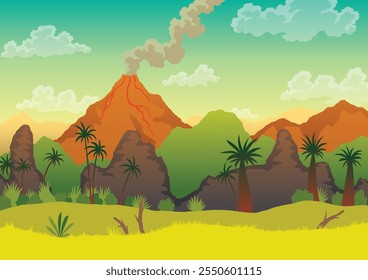 Paisaje prehistórico: volcán con humo, montañas y plantas verdes. Ilustración vectorial de hermoso paisaje prehistórico