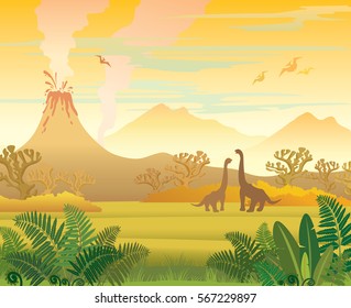 Prehistoric Landscape - Volcano With Smoke, Mountains, Dinosaurs And Fern. Vector Natural Illustration.