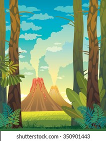 Prehistoric Landscape With Volcano, Trees And Fern On A Blue Cloudy Sky. Natural Vector Illustration.