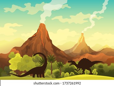 Paisaje prehistórico - volcanes con humo y dinosaurios