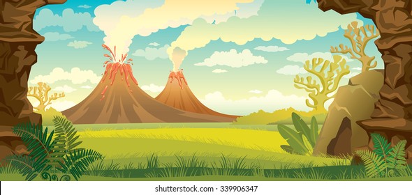 Prehistoric landscape - volcanoes with smoke, green grass, cave and walls of rock. Vector nature illustration.