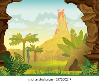 Prehistoric Landscape - Volcanoes With Smoke, Green Grass, Cave And Walls Of Rock. Vector Nature Illustration.