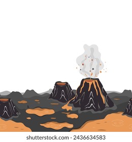 Prehistoric landscape with volcanoes, smoke, and lava lakes. Horizontal border. Seamless vector pattern