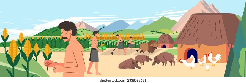 Prehistoric life of ancient human culture by farming and raising livestock to meet food needs vector illustration