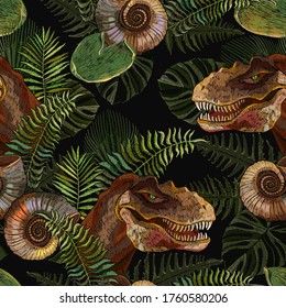 Prehistoric life of dinosaurs seamless pattern. Tyrannosaurus rex head, ammonite fossil and palm leaves. Archeology and paleontology background. Template for clothes, print 