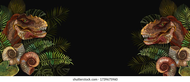 Prehistoric Life Of Dinosaurs.Template For Design. Tyrannosaurus Rex Head, Ammonite Fossil And Palm Leaves. Archeology And Paleontology Banner  