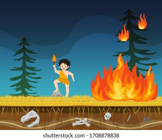 Prehistoric male character extract primitive time fire flat vector illustration. Ancient man person with torch start bushfire, poor handling flame. Forest outdoor park, burning woodland area.