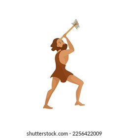 Prehistoric man with axe vector illustration. Ancient man hunting on white background. History, stone age, prehistory concept